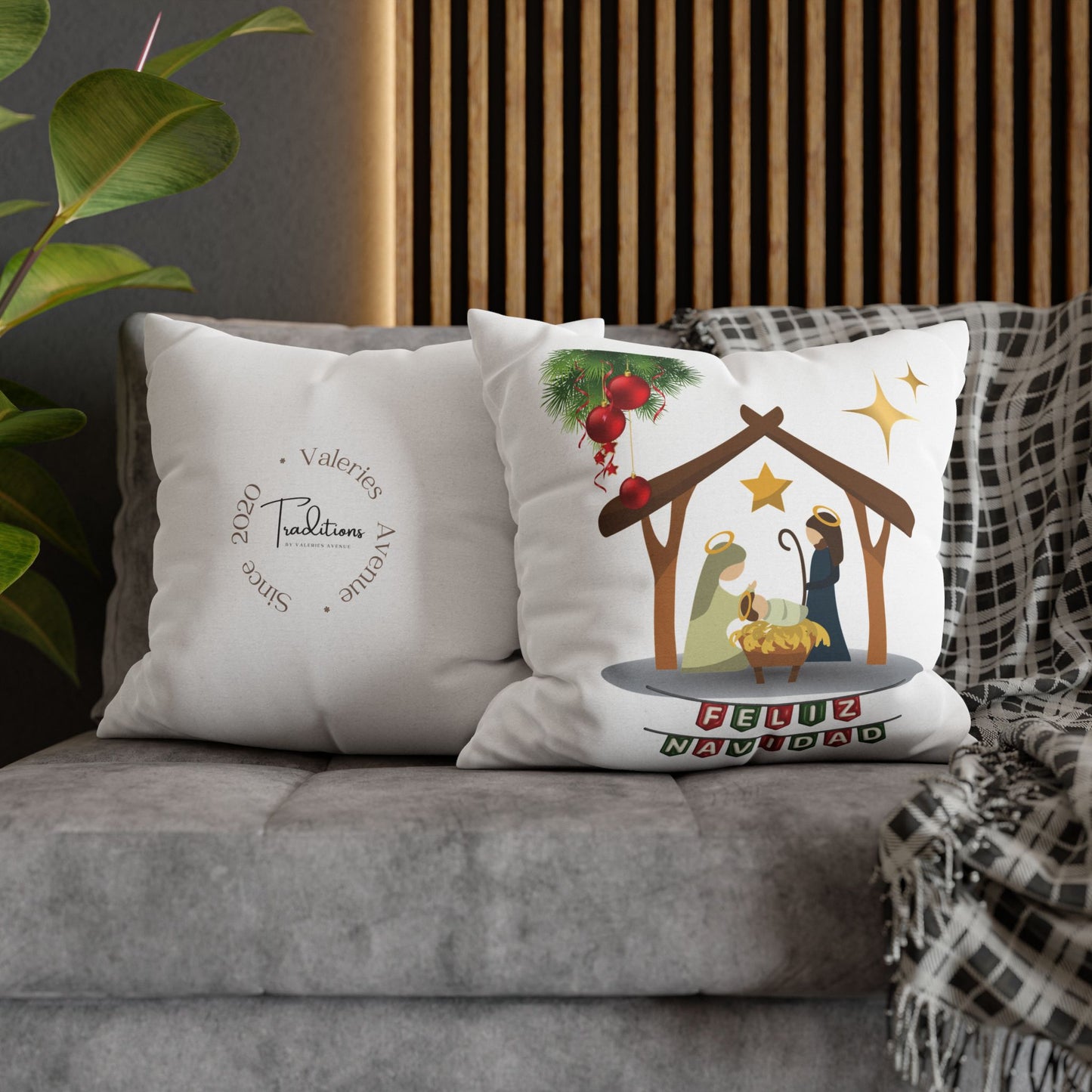 Feliz Navidad printed Nativity Design Spun Polyester Square Pillowcase