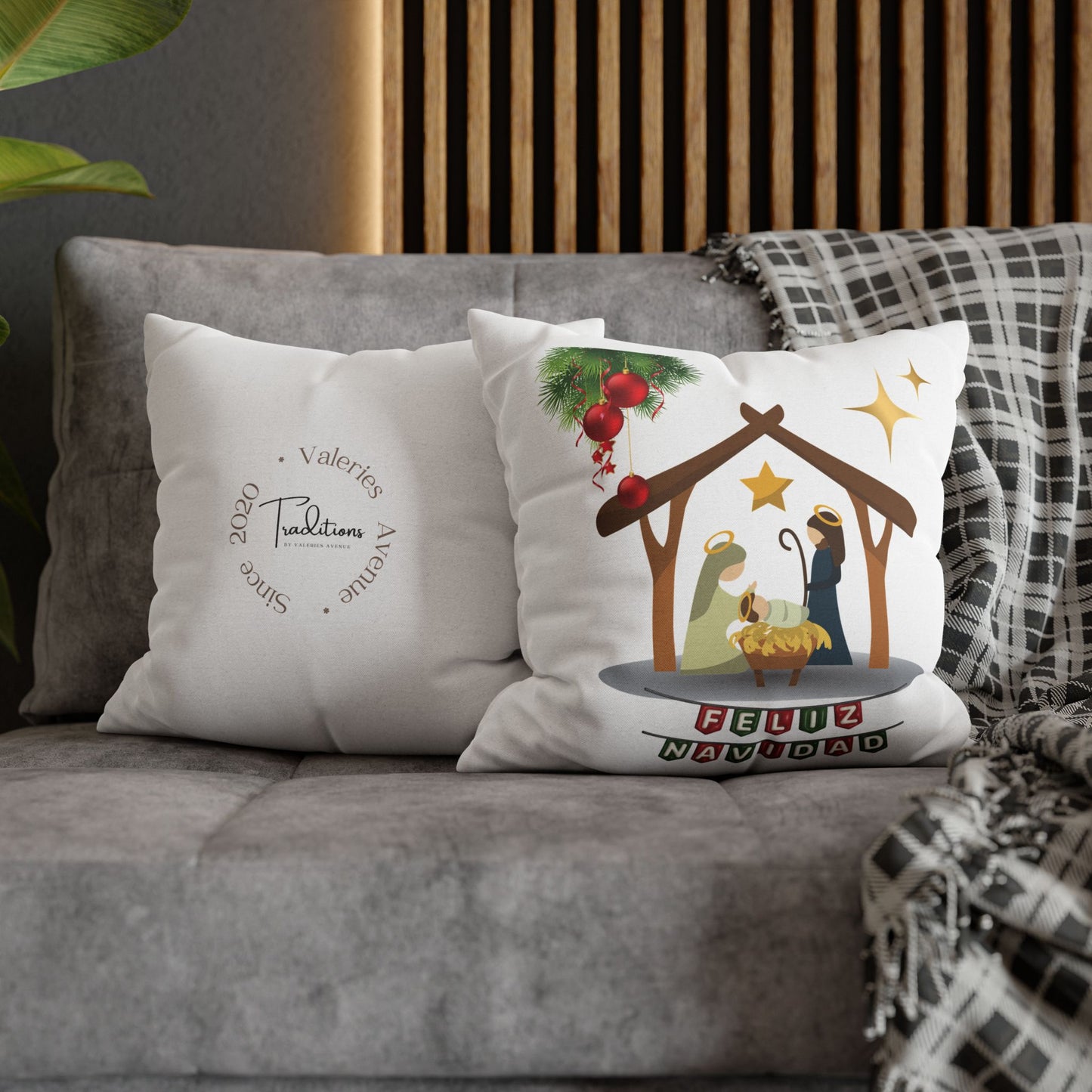 Feliz Navidad printed Nativity Design Spun Polyester Square Pillowcase