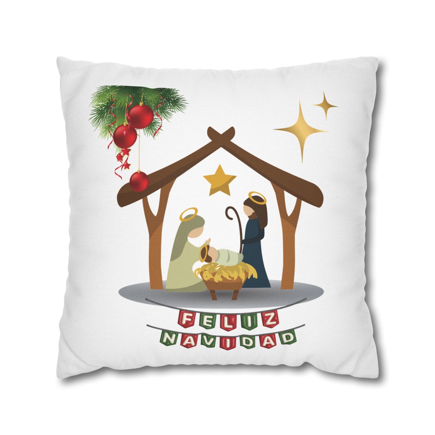 Feliz Navidad printed Nativity Design Spun Polyester Square Pillowcase