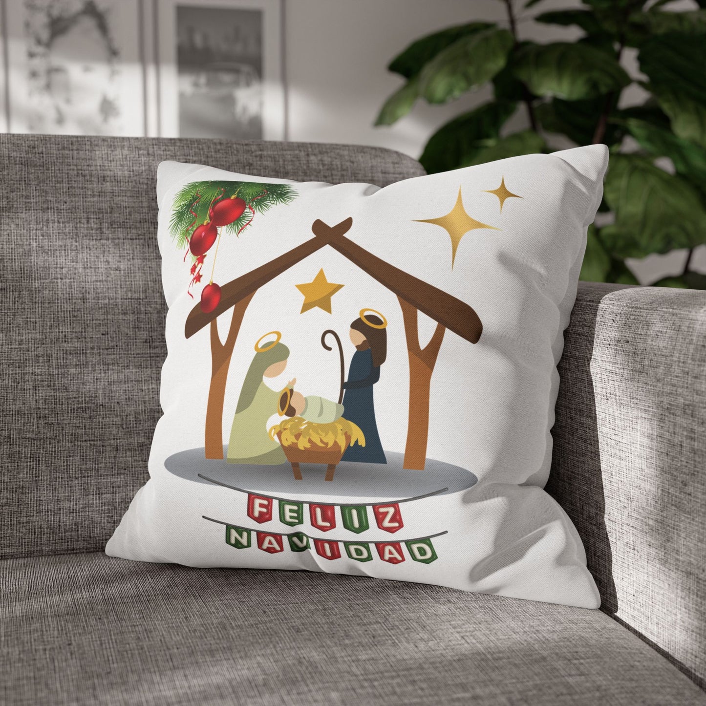 Feliz Navidad printed Nativity Design Spun Polyester Square Pillowcase