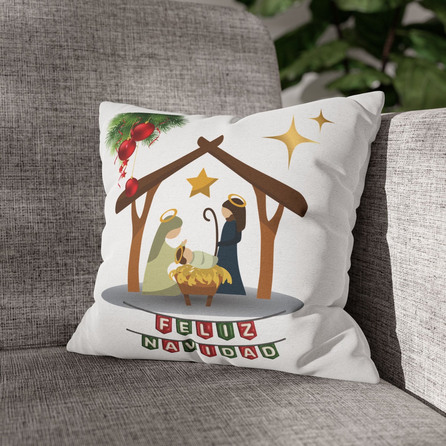 Feliz Navidad printed Nativity Design Spun Polyester Square Pillowcase