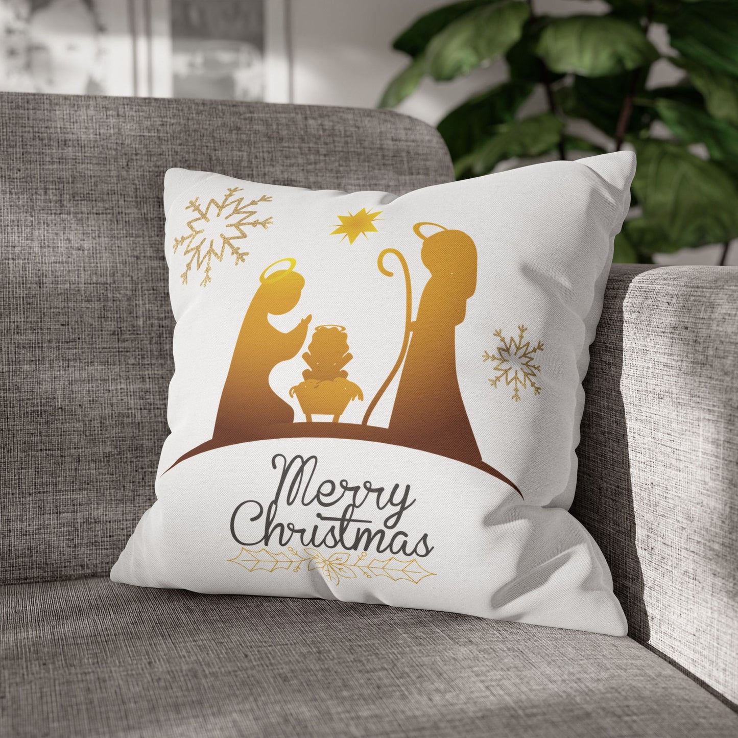 Gold Classic Nativity printed Design Spun Polyester Square Pillowcase