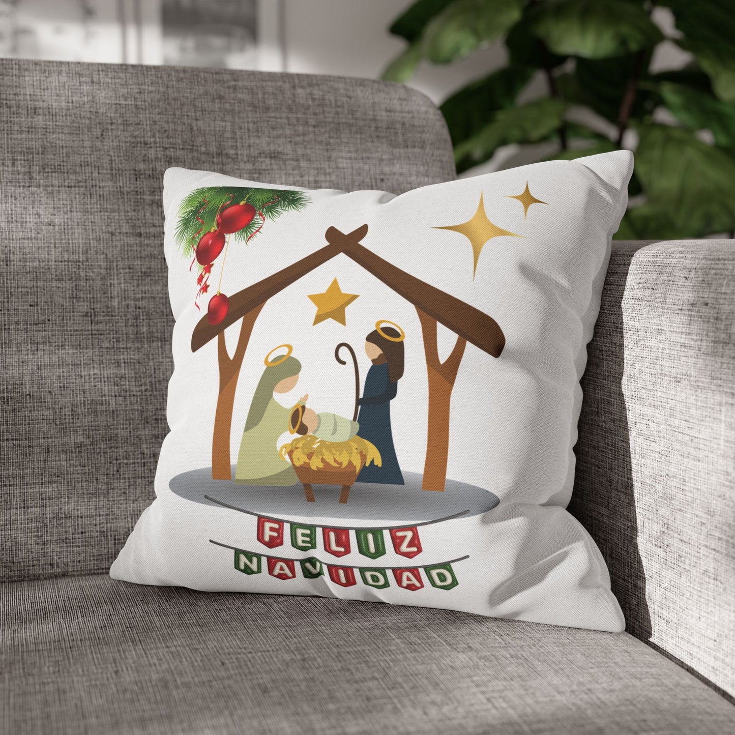 Feliz Navidad printed Nativity Design Spun Polyester Square Pillowcase