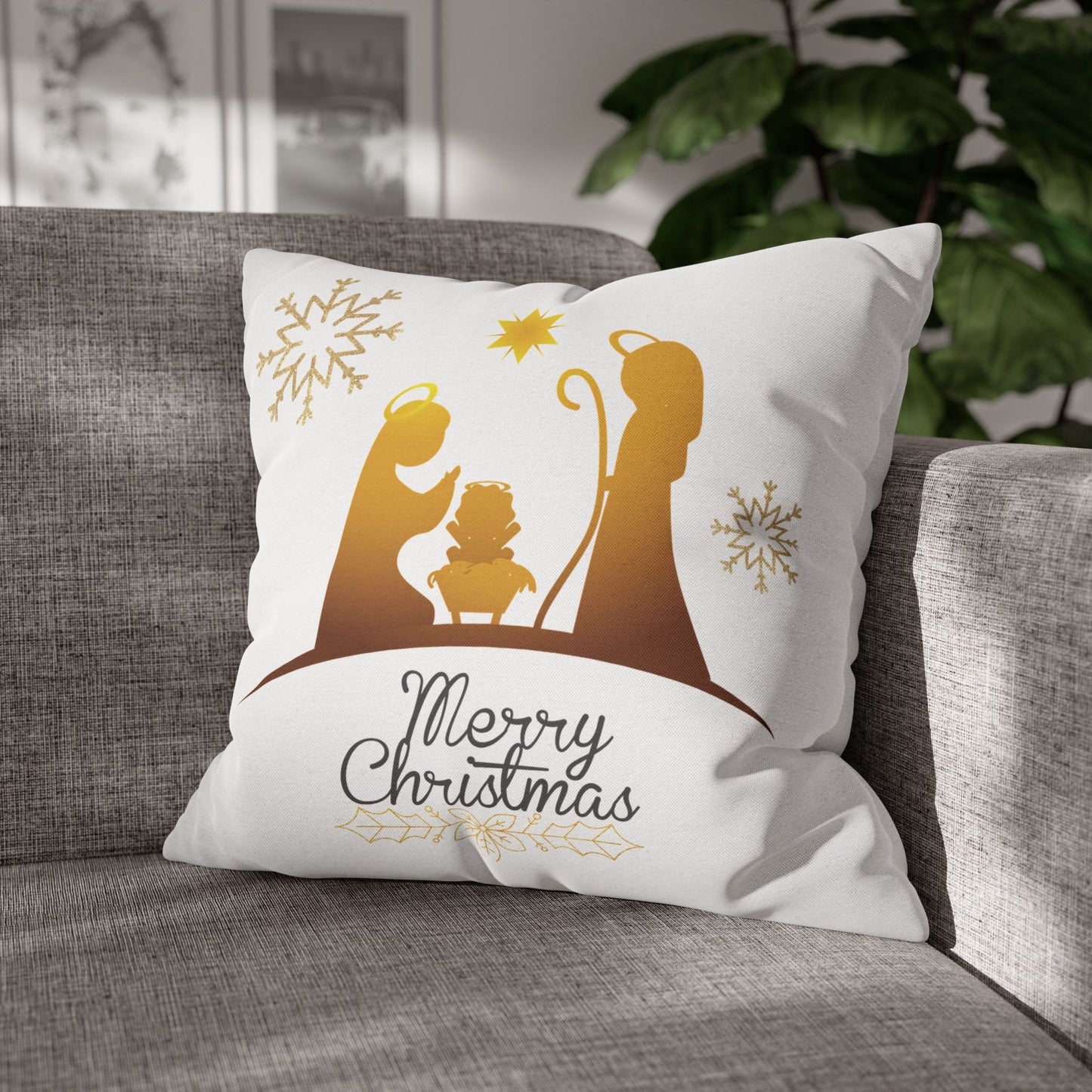 Gold Classic Nativity printed Design Spun Polyester Square Pillowcase