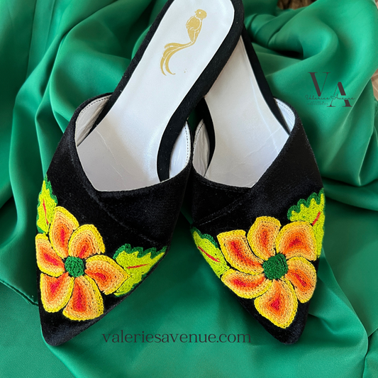 Black Velvet flats with handmade embroidery