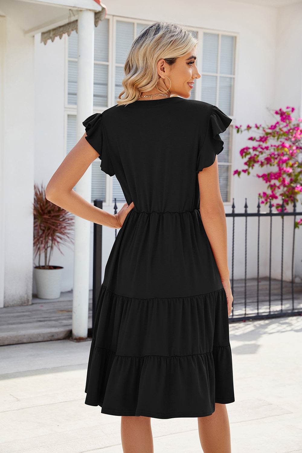 Ruched Notched Cap Sleeve Dress