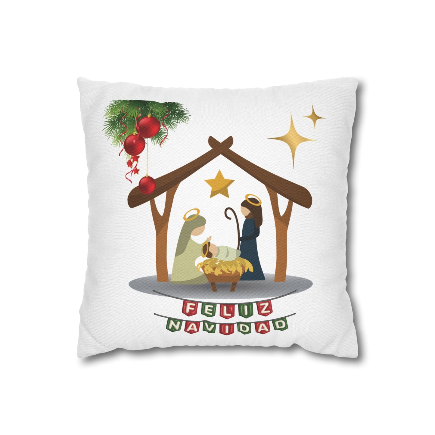 Feliz Navidad printed Nativity Design Spun Polyester Square Pillowcase