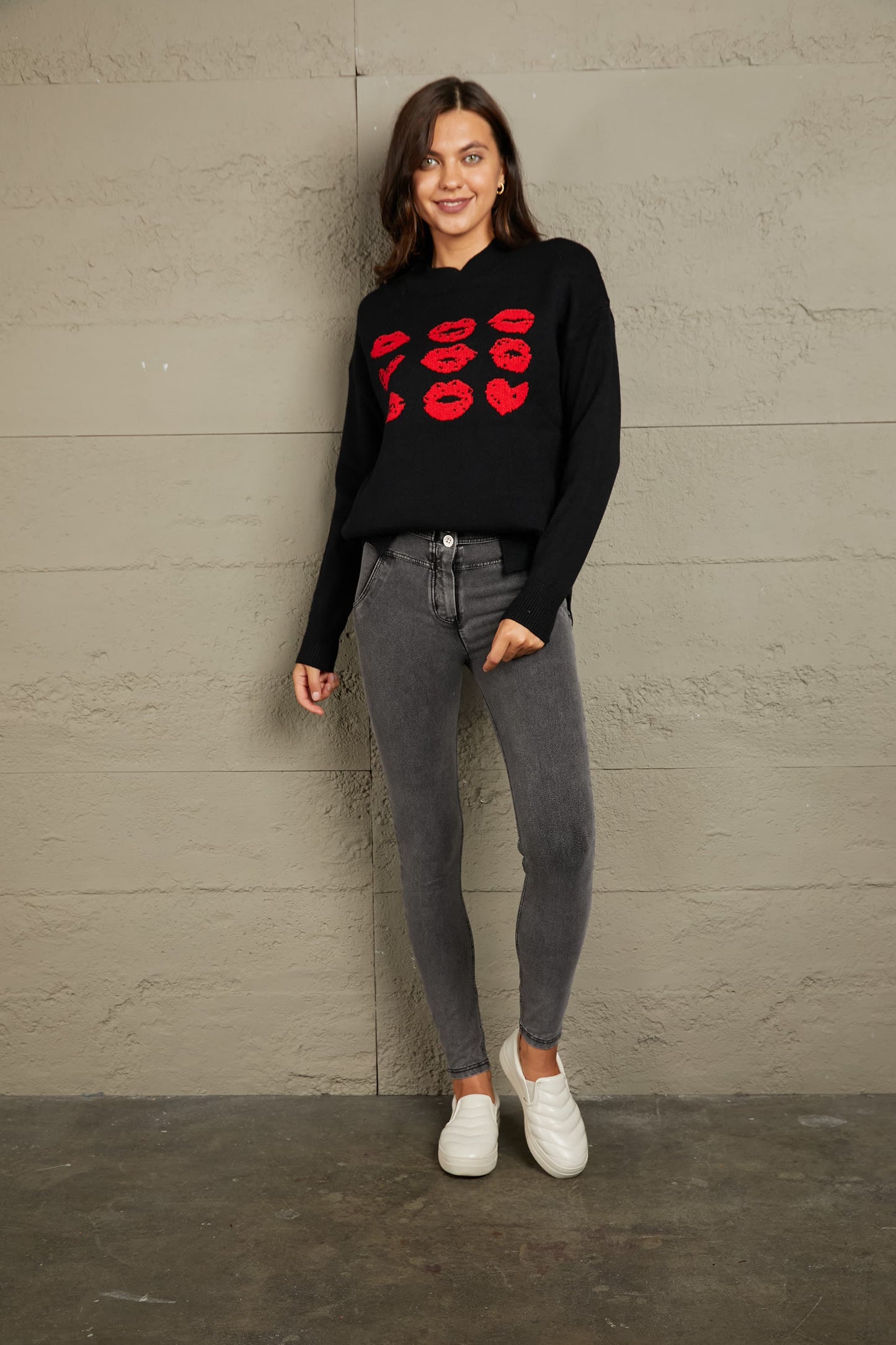 Woven Right Lip Graphic Slit Dropped Shoulder Sweater