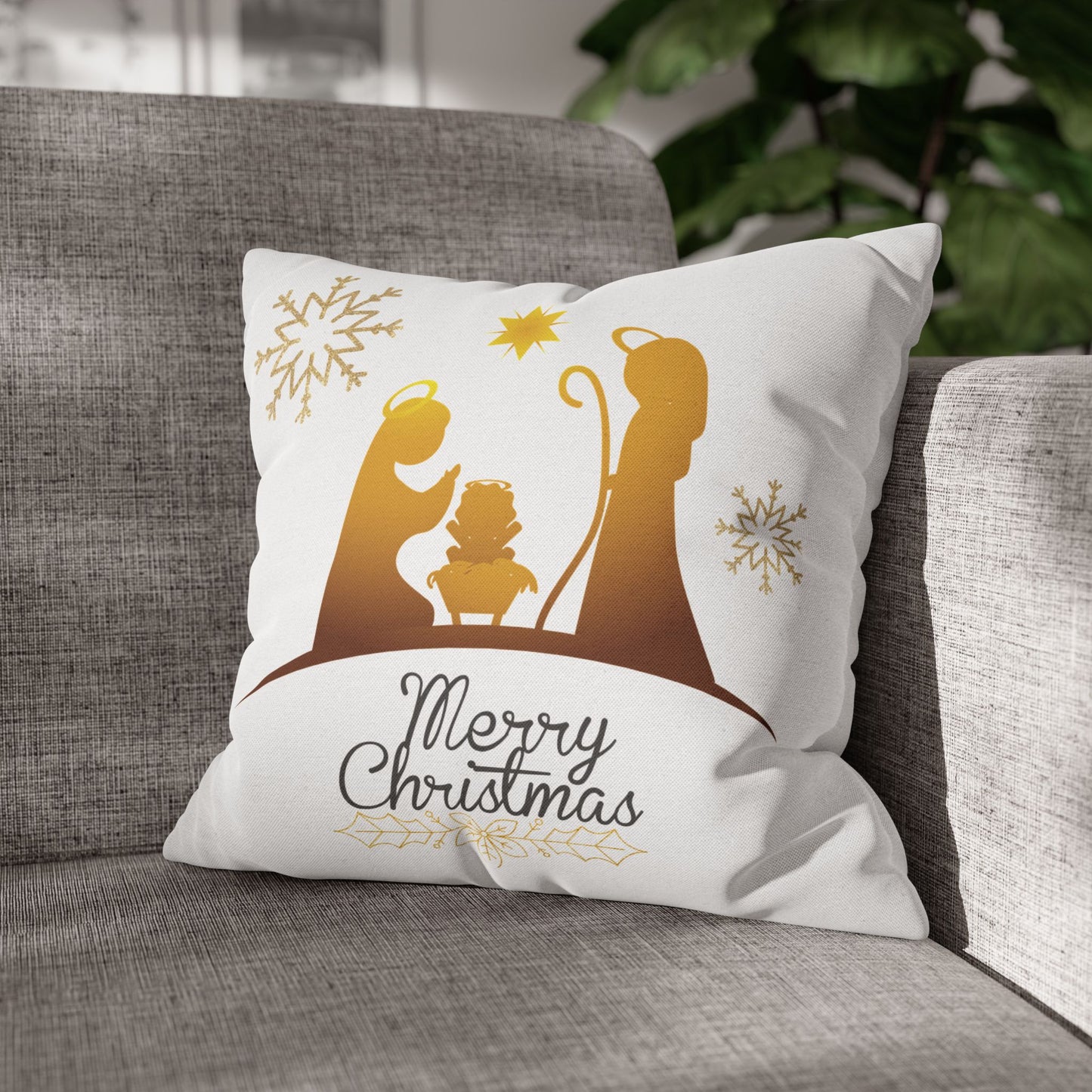 Gold Classic Nativity printed Design Spun Polyester Square Pillowcase