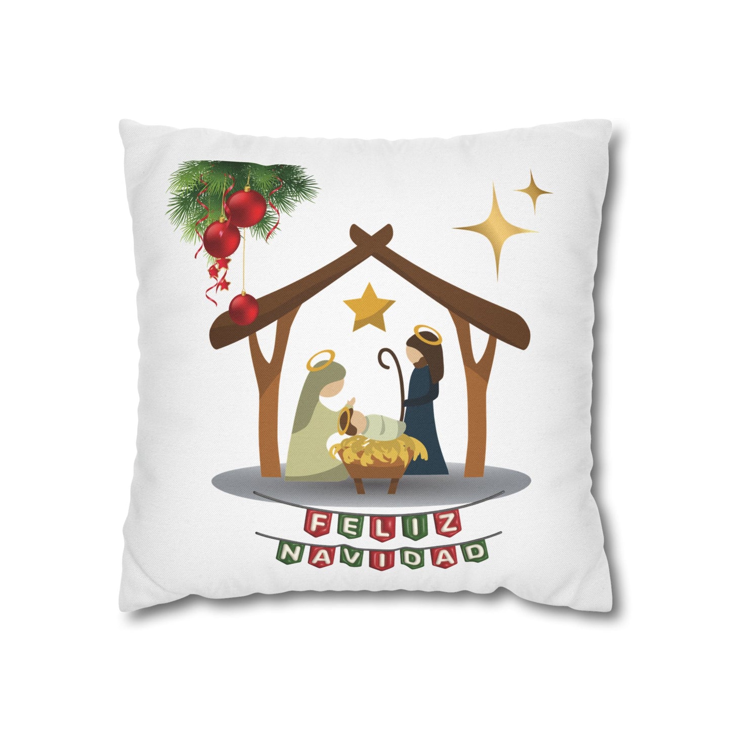 Feliz Navidad printed Nativity Design Spun Polyester Square Pillowcase