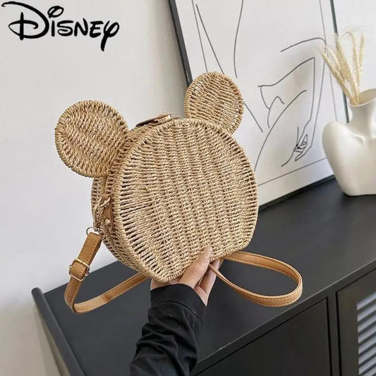 Hot Disney Women'S Designer Straw Fancy Bags Cute Rattan Handbag Travel Leisure Vacation Small Round Beach Mickeying Mouse Bag