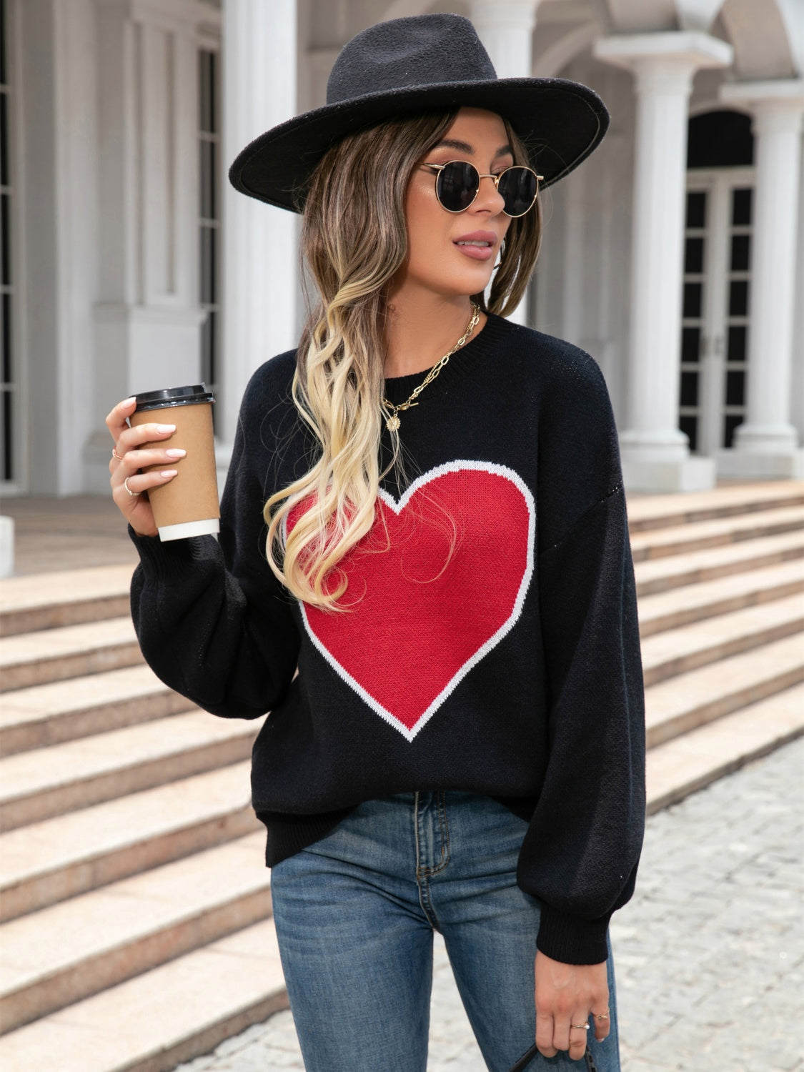 Angel Wings Heart Graphic Round Neck Sweater